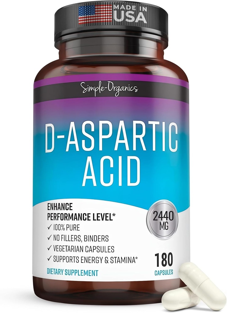 Kaibro Nutra D-Aspartic Acid Supliment pentru bărbaţi, 2440 mg Acid D-Aspartic per Serving, Energy & Testosteron Support, Gluten-Free non-GMO, 180 capsule Vegan