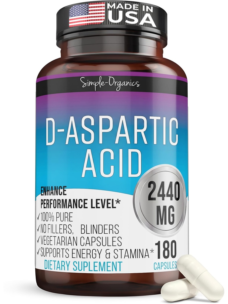 Kaibro Nutra D-Aspartic Acid Supplement for Men, 2440mg D-Aspartic Acid per Serving, Energy & Testosterone Support, Gluten-Free Non-GMO, 180 Vegan Capsules