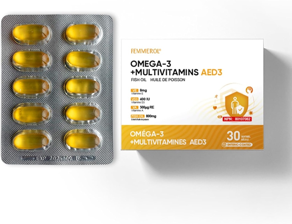 Multivitamiinid omega-3, multivitamiinid naistele ja meestele, soolestikuga kaetud kalaõli DHA / EPA koos A-vitamiini, E-vitamiini ja D3-vitamiiniga immuunfunktsiooni toetamiseks (1 Box 30 Softgels)