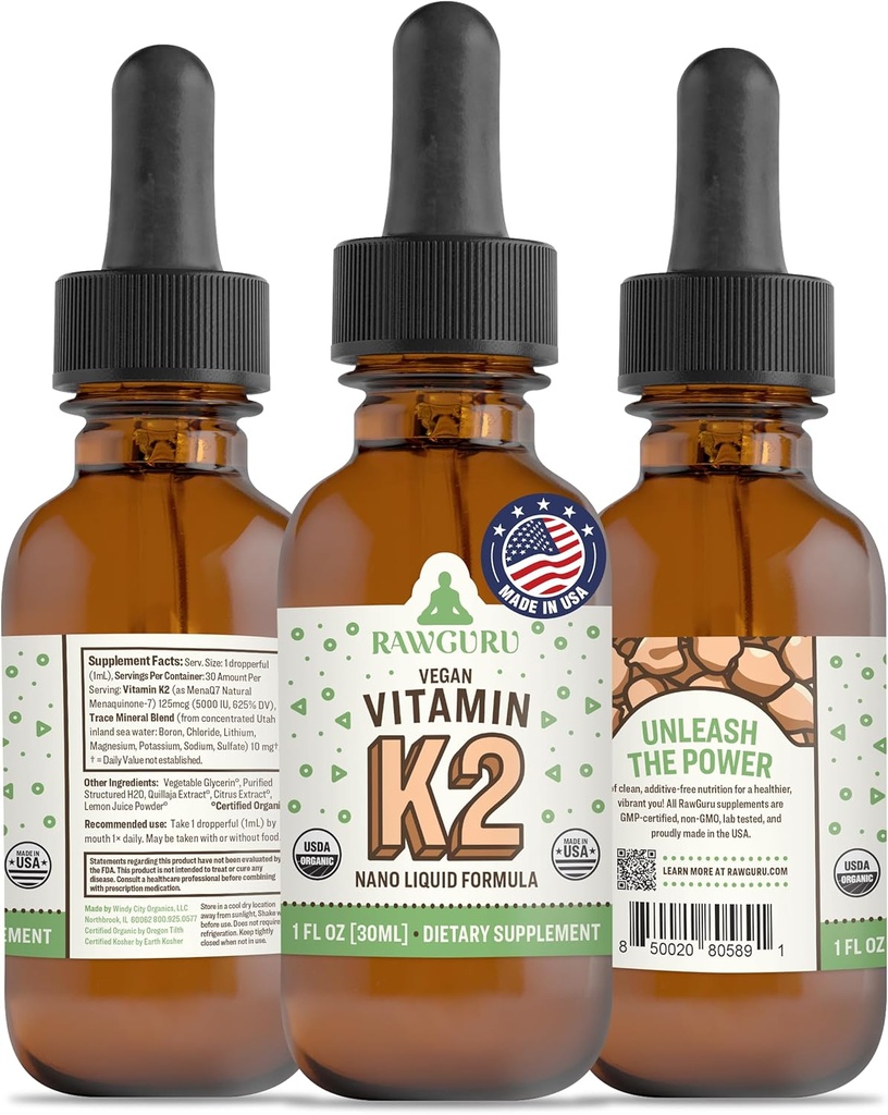 RawGuru Vitamin K2 Supplement - Organic Vegan Vitamin K2 MK7 with Trace Minerals - Nano-Processed Antioxidant & Immune Support Supplement Tincture - 30 Servings of Vegan Drops per 30 ml, Pack of 1