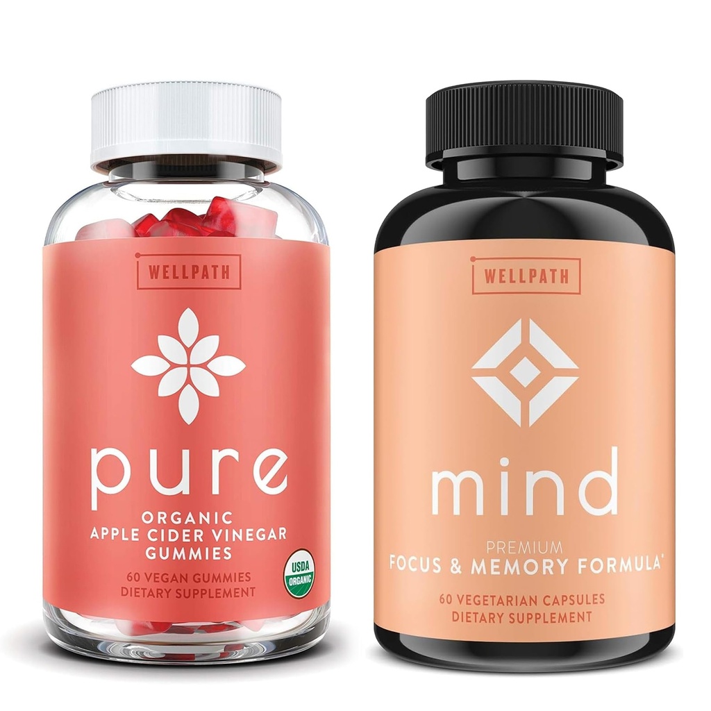 WellPath Pure Apple Cider Vinegar with Mother Gummies & Mind Brain Supplement with Lion's Mane - Supports Focus & Memory, 60 Ct Each