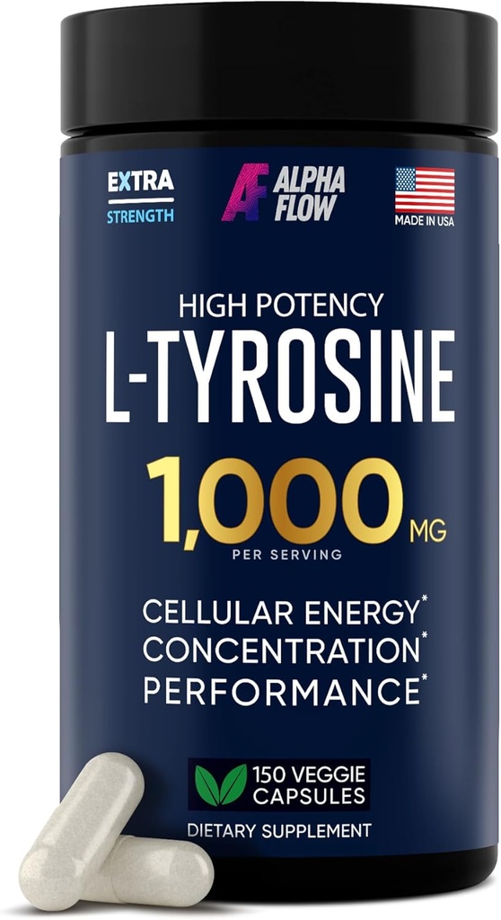 L Tyrosine 1000MG Capules - All- Natly L- Tyrosine suplementari per a focus i energia Boond - No- GMO i Guten-Free - Vegan 150 Caps -500mg x 2 per Serviting