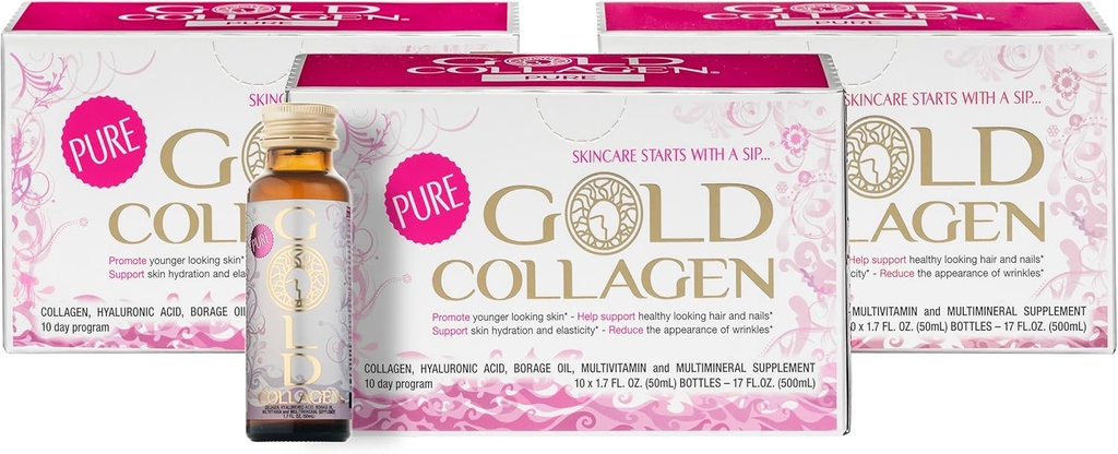 GOLD COLLAGEN Pure - Collagen Supplements for Women and Men with Hair Growth, Skin and Nail - Anti Wrinkle Immune System Booster with Hyaluronic Acid, C bitamina, B6 eta Zinc, 3 Pack 10x50 ml