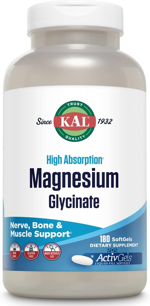 KAL Magnesium Glysitane Acctivegels 315mg, Chated เต็ม, High Absorpsion Magnesium supplement for replease, Bems & Barbon, Not-GMO, Gluten Free, 60 Serving, 180 Softgels