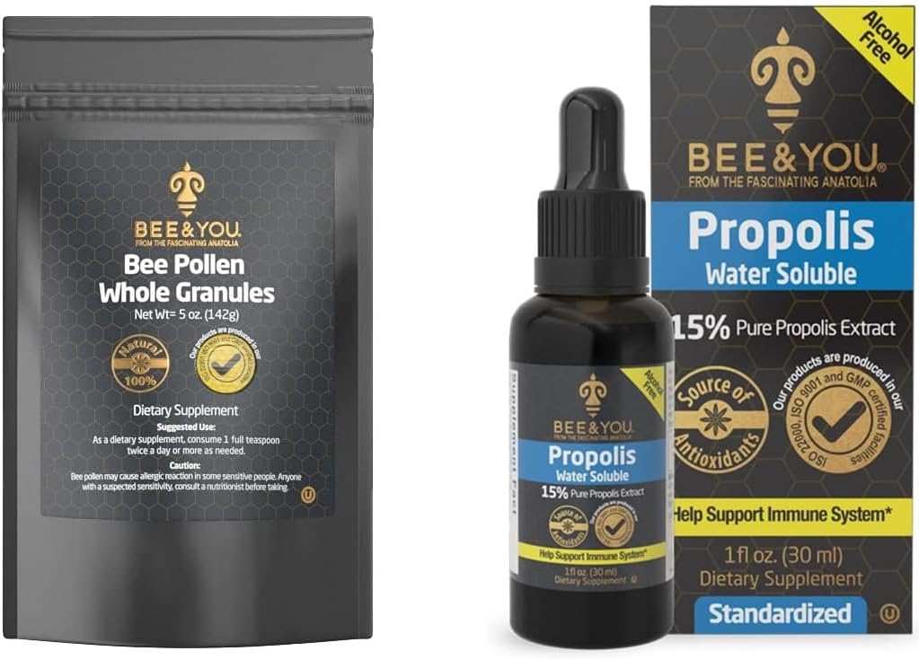 Bee and You Bundle, Bee Pollen Granulaat, 5oz Bag, met 100% natuurlijke Propolis Extract druppels, Ultra Pure, Immune Support Supplement, Superfood, Antipxidants, Vitaminen,