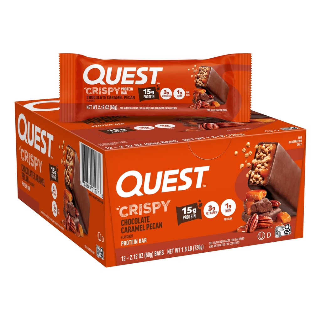 Quest Nutrition Crispy Chocolate Caramel Pecan Hero Protein Bar, 15g Protein, 1g Sugar, 3g Net Carb, Gluten Free Protein Snack, Keto Friendly, 12 Count