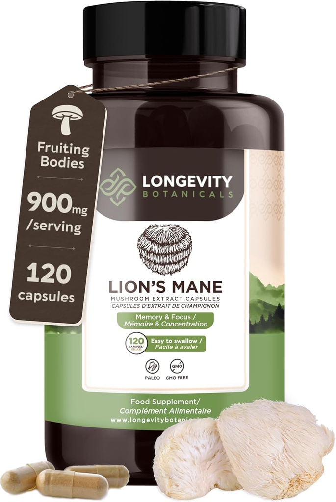 Organiska Lions Mane Supplement Capsules (120) | Pure Fruiting Body 8:1 High Strength Mushroom Extract | 20% Beta-D Glucans | 7,200mg Raw Equivalent Per Serving | Fokus, Memory, Gut & Brain Support
