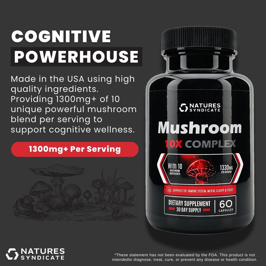 Mushroom Complex Supplement - Natural Brain Nootropic for Cognitive Wellness, Clarity, Focus, Memory & Immune System Support, 10 Mushroom Cordyceps, Reishi, Lions Mane, Turkije staart