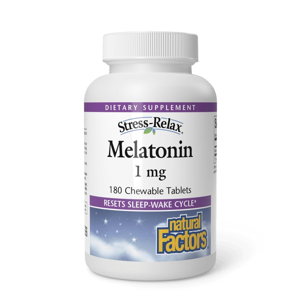 Stress-Relax Melatonin 1 mg by Natural Factors, Natural Sleep Aid, Resets the Sleep-Wake Cycle, 180 chewable tablets (180 servings), Peppermint Flavor