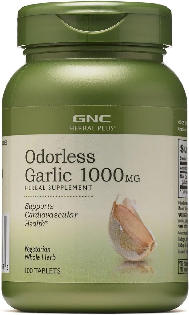 GNC Herbal Plus Odorless tỏi 1000mg, Vegetarian, hỗ trợ sức khỏe tim mạch, 100 phục vụ