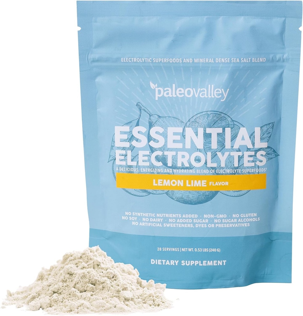 Paleovalley Essential Electrolytes Powder - Celoten spekter Limona Limona Elektrolit Powder za hidracijo, energijo in okrevanje mišic - Brez sladkorja Dodaj - 28 Servinges