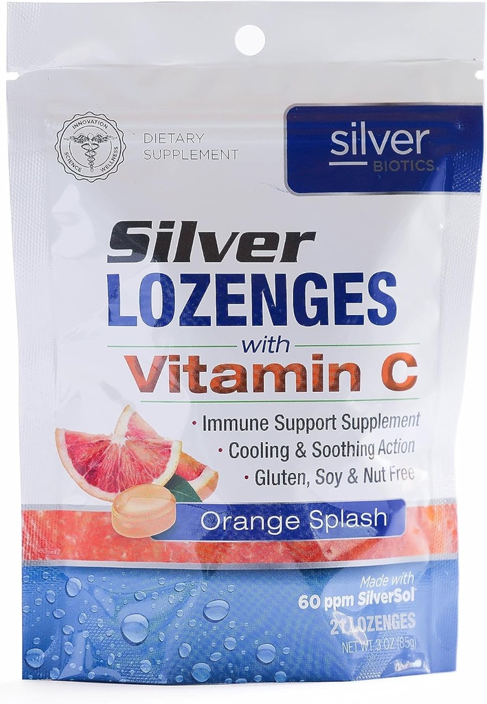 Silver Biotics Colloidal Silver Lozenges 124; 60 ppm SilverSol Ag British O British Technology 124; Immune Support + Throat Soothing Division 124; Orange Witamina C