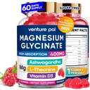 60 dias de fornecimento de magnésio Glicerinato 400mg Gummies com Ashwagandha, L-Theanina, CoQ10, Vitamina D3 & B6, Pastilhas de magnésio livre de açúcar para adultos e crianças, alívio de estresse, sono & calma, Vegan, Glúten livre