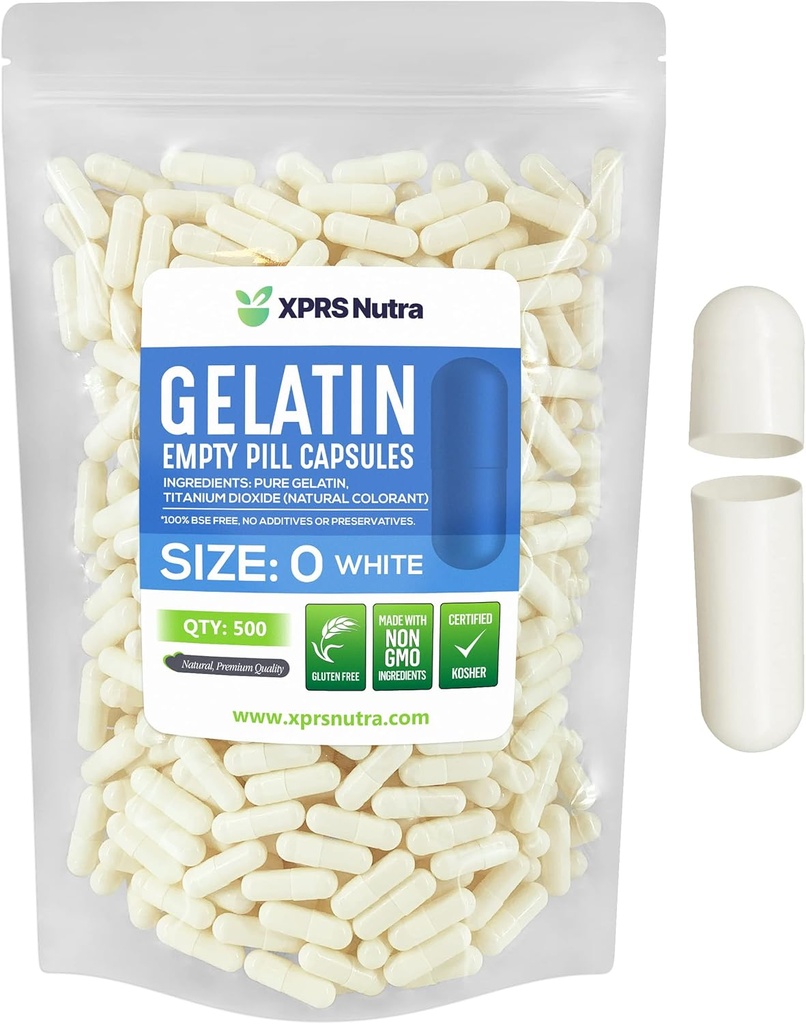 XPRS Nutra Size 0 Boş Kapsüller - 500 Count Boş Gelatin Capsules - Pills DIY Kapsül Doldurma - Pure Bovine Pill Gel Do-It-Your self Supplements (White)