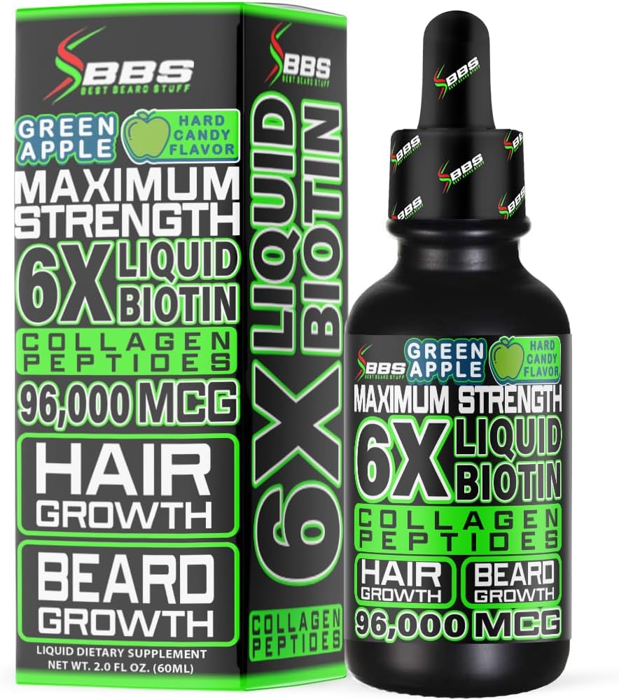 Liquid Biotin Collagen Peptides for Beard Growth and Thickening - Men 's Beard and Hair Growth Supplement - Biotin Liquid Drops 96,000mcg 6X More Absorption