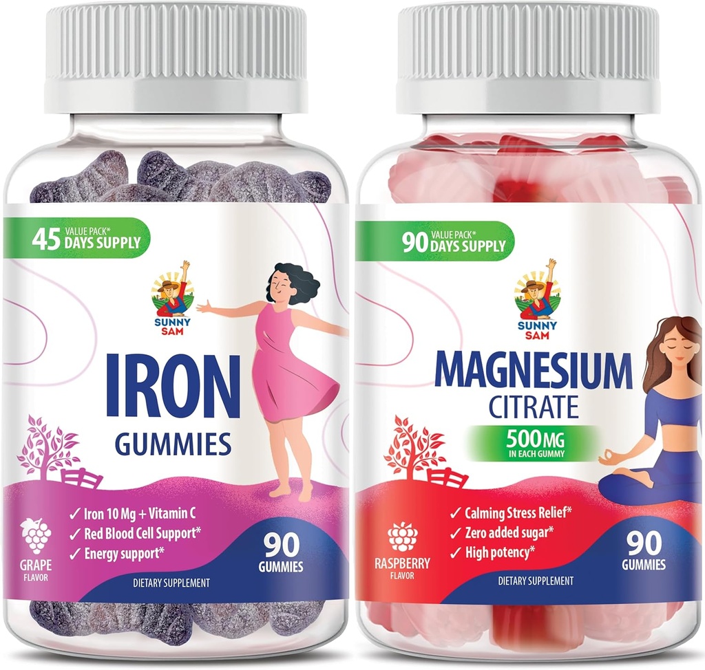 Magnesium Gummies 500mg & Iron Gummies för vuxna - Järnvitaminer med vitamin C