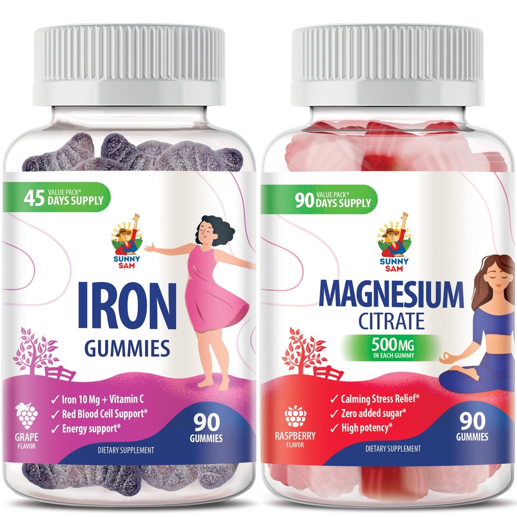 Magnesium Gummies 500mg & Iron Gummies for Adults - Iron Vitamins with Vitamin C