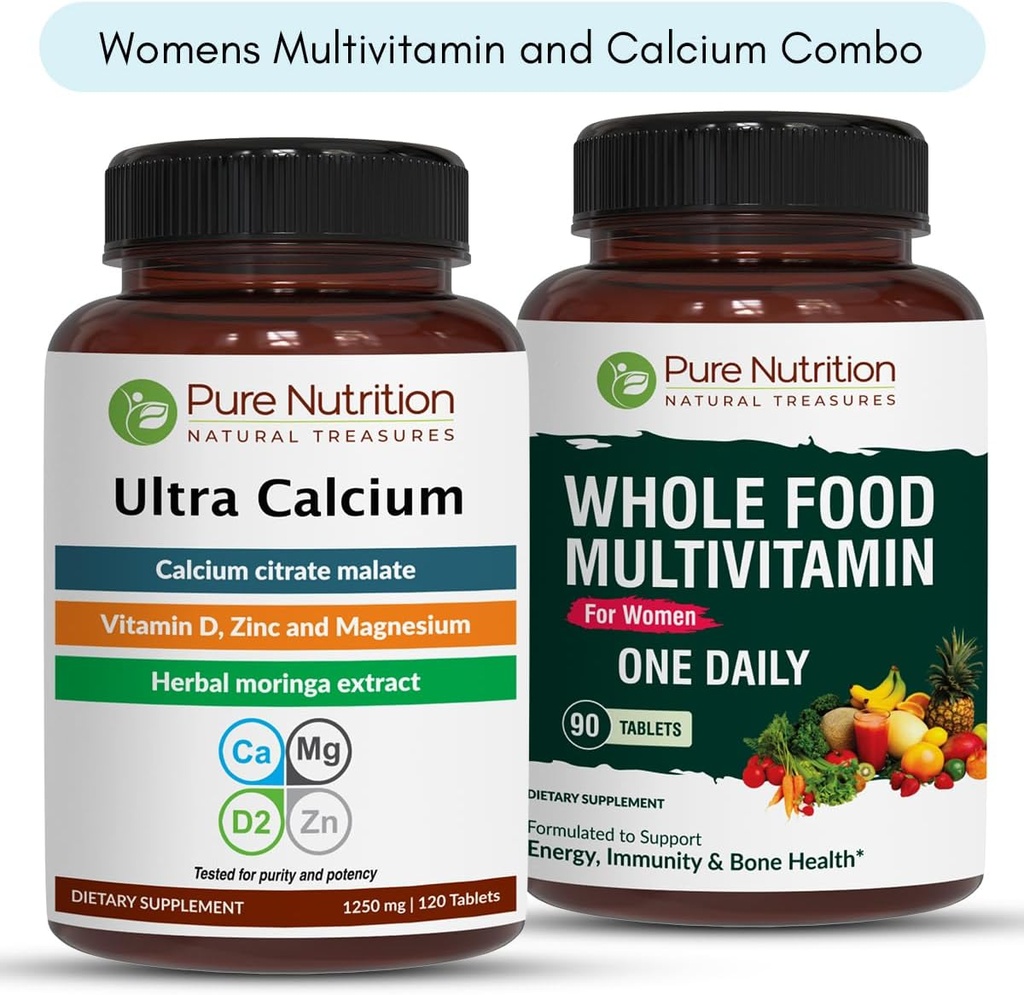 Reine Ernährung Ultra Calcium 1000mg und Ganze Lebensmittel Frauen Multivitamine 1500mg für gesunde Knochen, Gelenke und allgemeine Wellness. Ultra Calcium 120 Tabs + Frauen Multivitamine 90 Tabs.