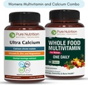 Pure Nutrition Ultra cálcio 1000mg e alimentos integrais Mulheres Multivitamins 1500mg para ossos saudáveis, articulações e bem-estar geral. Ultra Cálcio 120 Tabs + Mulheres Multivitamins 90 Tabs.