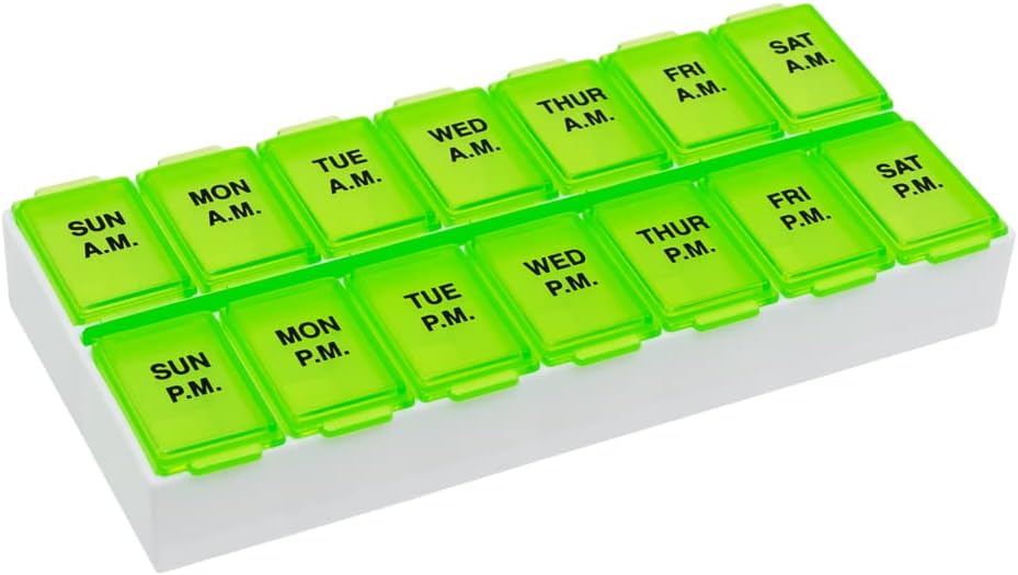 Nhật báo Ezy Dose Doly (7-Day) Daily AM/PM Pill Piganzer, Kế hoạch sinh học và Thuốc men, hồ sơ bổ sung và dầu cá, so sánh vừa, 2 nhân một ngày, xanh lá cây, BPA miễn phí