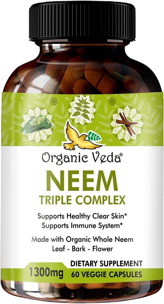 אורגני Veda Neem קפסולות עם פלט משולש מורכב Neem Leaf, Bark & Flower - תוסף צמחי Boosts Immunity, משפר את העיכול, בריאות העור ותמיכה ניקוי - 60 הרוזן