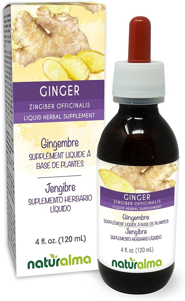 Naturalma Ginger (Zingiber officinalis) Rhizome Alkoholfri tinktur - 4 fl oz flytande extrakt i droppar - Herbal Supplement - Vegan