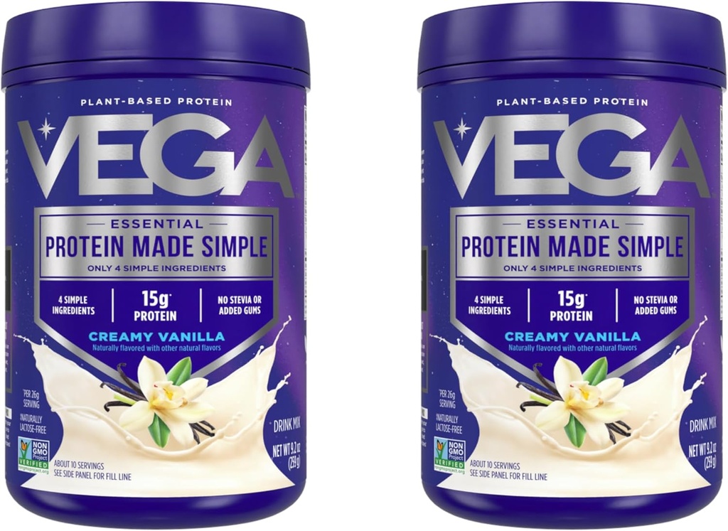 Beljakovine Vega so narejene preprosto Protein Powder, Vanilla - Stevia Free, Vegan, na bazi rastlin, zdravo, Gluten, Pea Protein za ženske in moške, 9.2 oz (Packaging May Vary) (Pack z 2)