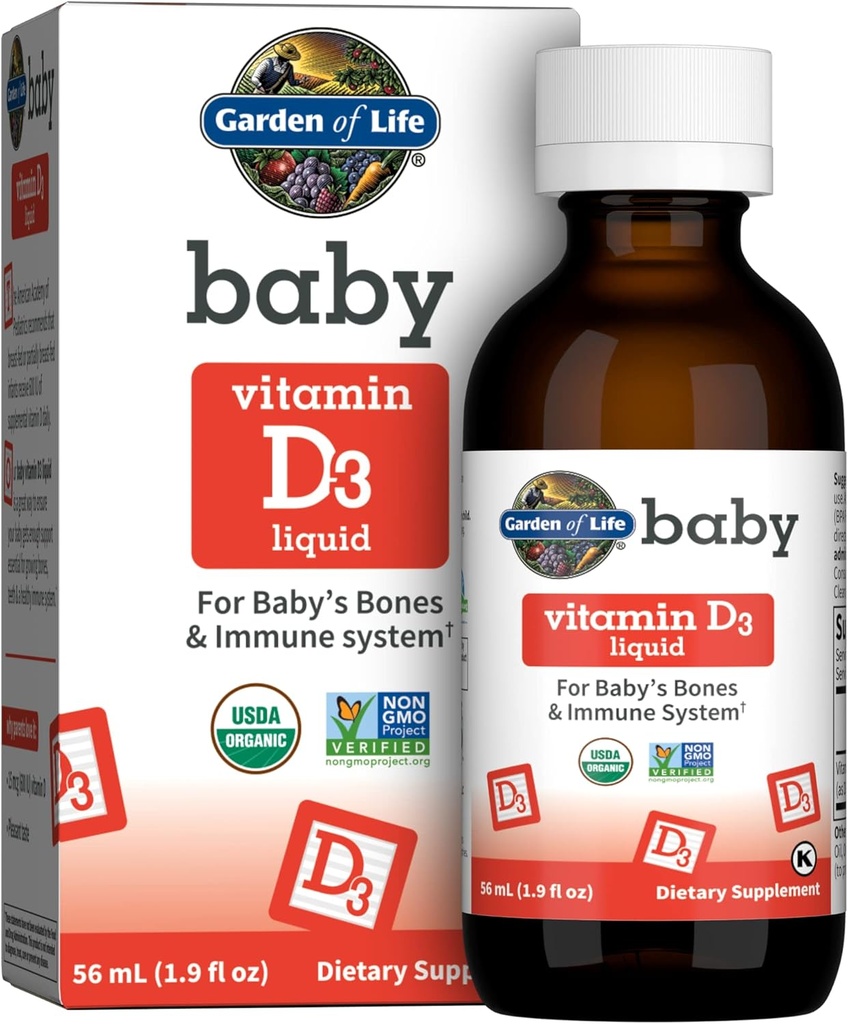 Jardín de la vida Vitamina del bebé D3 Líquido, 600 UI (15 mcg) Vitamina líquida orgánica D para bebés " niños pequeños " , Apoyo para el sistema de los huesos del bebé " , Gluten libre " , 56 mL (1.9 fl oz) líquido