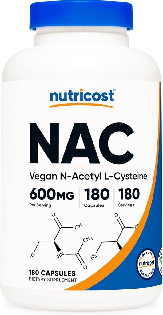 Nutricost N-Acetyl L-Cysteine (NAC) 600 мг, 180 капсул - без ГМО, без глютена