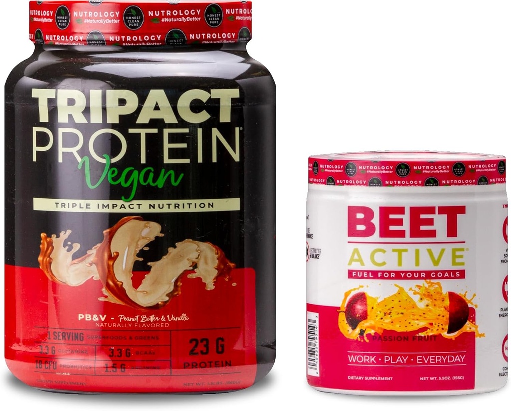 Nutrologie TRIPACT Vegan Proteïne Poeder, voor Vegan Proteïne Shakes, Peanut Butter Vanille (20 Servings) & Beet Active, Natural Pre-Workout Powder, Passion Fruit Smaak (30 Servings)
