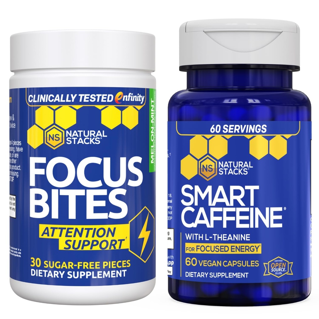 NATURAL STACKS Smart Caffeine + Focus Bites Bundle - Caffeine & Paraxanthine Supplements - Supports Energy & Focus* - No Jitters or Crash - 90 Pieces
