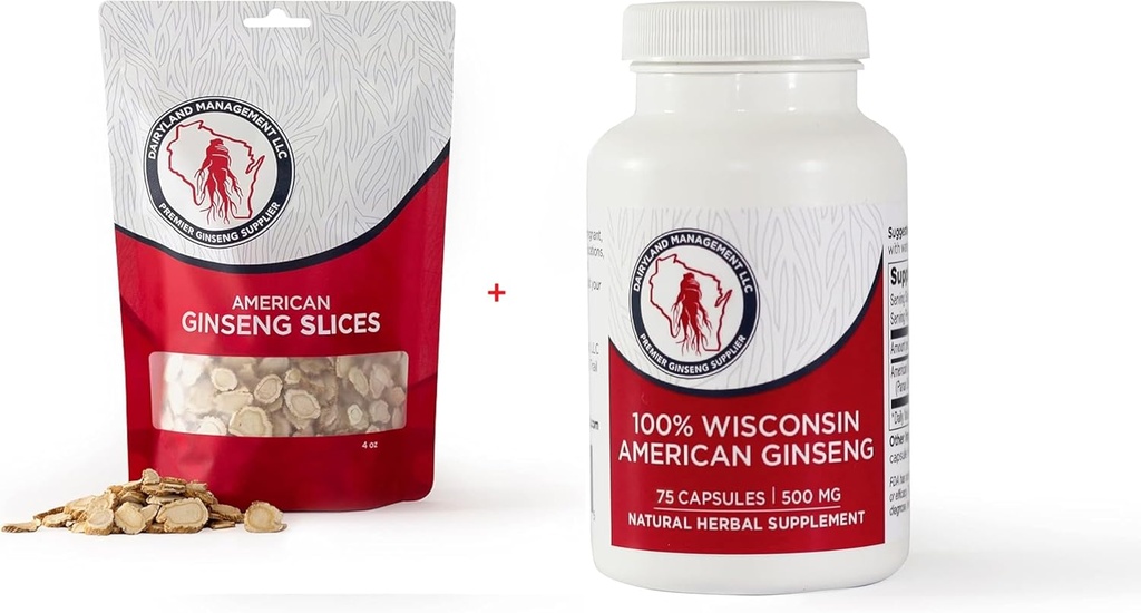 Dairyland American Ginseng Slices 4 oz and Capsules 75 ct Pack of Wisconsin Ginseng - Bezpośrednio od Farmera do Konsumenta