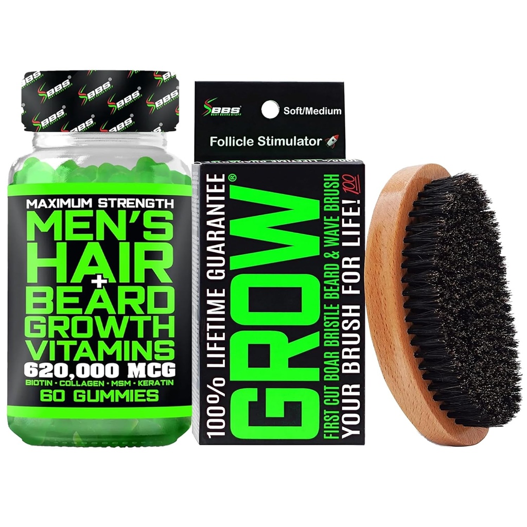 Beard Growth Kit w/ 620,000mcg 14-in-1 BIOTIN Gummies/Beard Growth Vitamins & Hair Growth Vitamins for Men + 100% Lifetime Replacement First Cut Boar Bristle Brush & 360 Wave Brush for Men