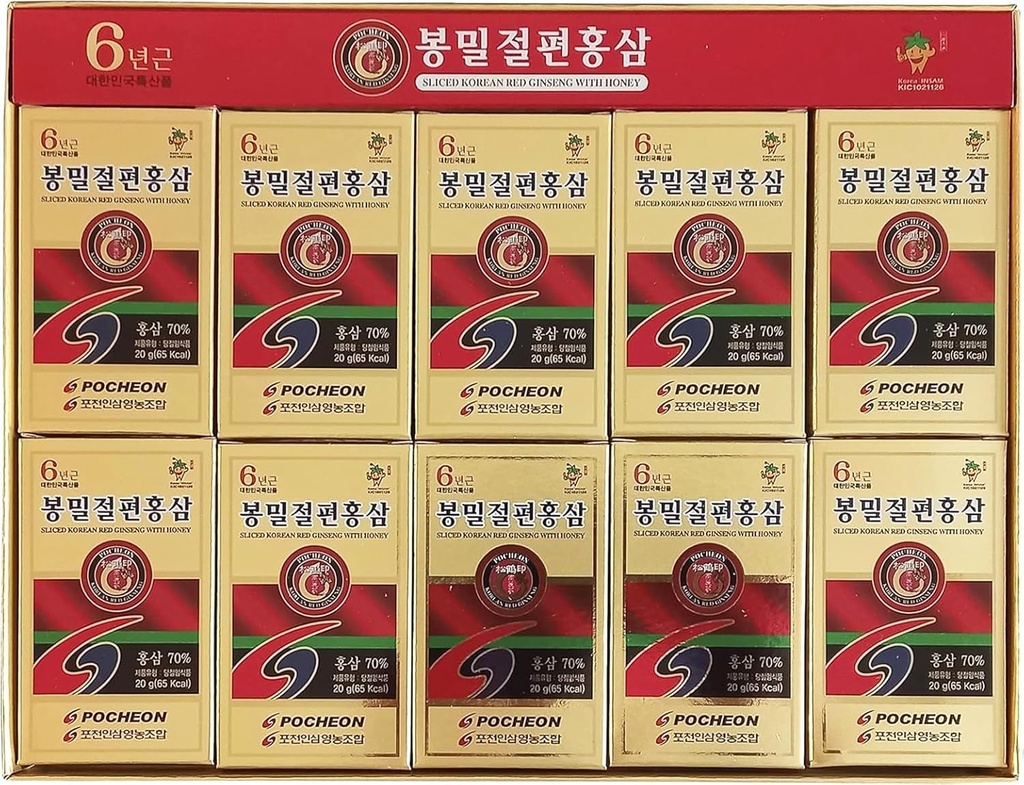 Pocheon 200g (10ea X 20g) 6Years Vágott koreai Panax Red Ginseng Gyökerek mézzel, Szaponin, Természetes Immuntámogatás