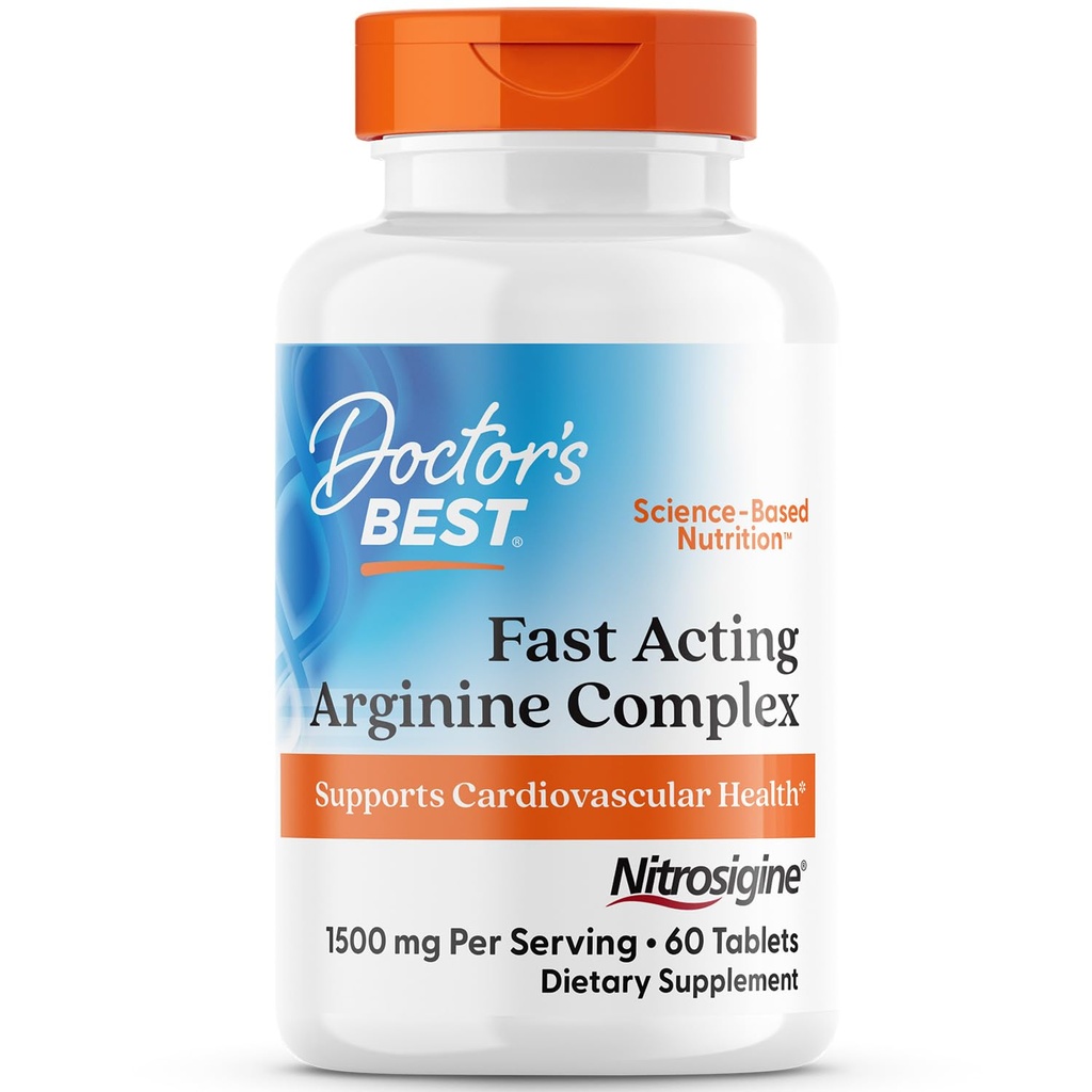 Doctor's Best Fast Acting Arginine Complex - L Arginine Supplements for Men & Women, Helps Nitric Oxide Level, Blood Flow & Cardiovascular Health Support, 1500 mg Per Serving, Vegan - 60 Tablets