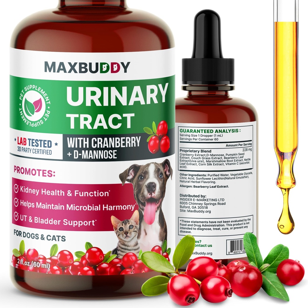 MaxBuddy Natural UTI Treatment Support - Cranberry Urinary Tract Infection Care & Prevention Assistance for Cats and Dogs – Kidney & Bladder Wellness Supplement Drops - Support for Urine Flow