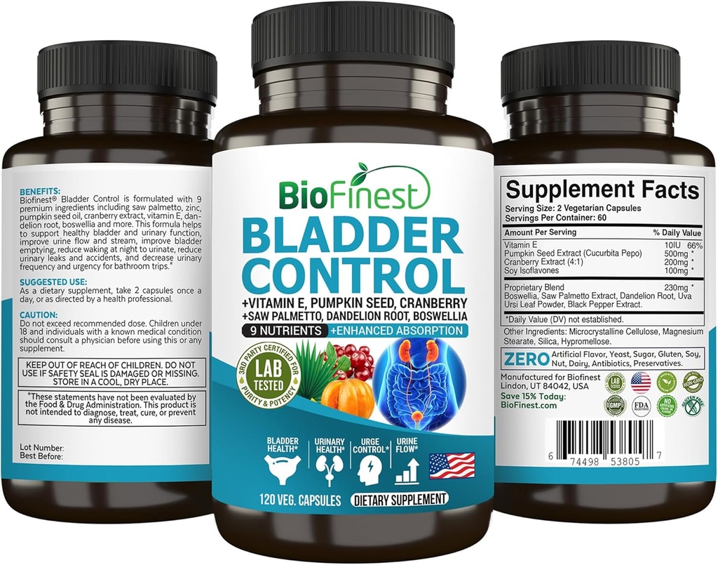 BioFinest Bladder Control Supplement for Men & Women - 120 Veg. Capsules - Saw Palmetto, Cranberry, Pumpkin Seed, Vitamin E, Boswellia, Dandelion Root - Urinary Tract Bladder Health - Made in USA