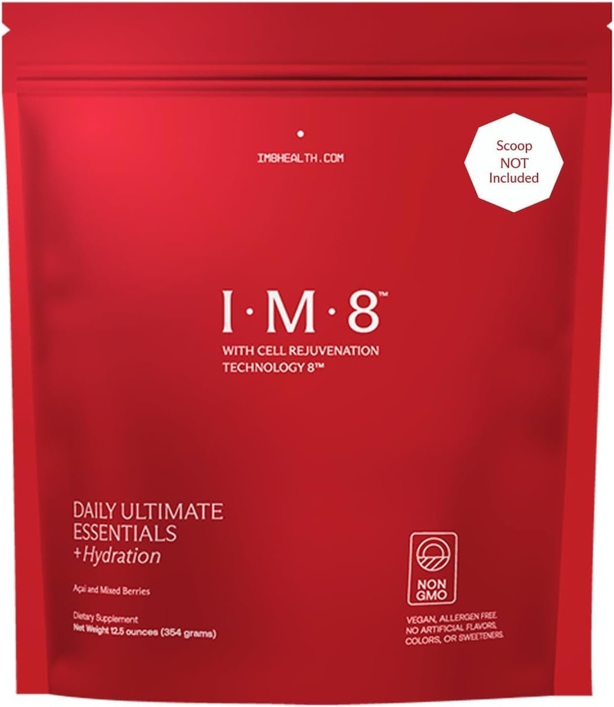 IM8 Daily Ultimate Essentials All-in-1 Multivitamin Supplement, 92 Nutrient Rich Ingredients CoQ10, Probiotiques, Vitamines, Verts, GF, baies mixtes d'açai (30 portions, poche de renouvellement)