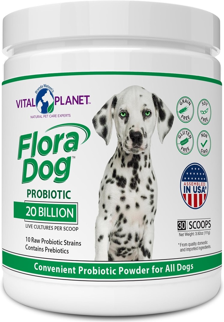 Vital Planet - Flora Dog Probiotic Powder Supplément avec 20 milliards de cultures et 10 souches, Immune haute puissance et probiotiques de soutien digestif pour chiens, 3,92 oz., 111 Grams, 30 portions