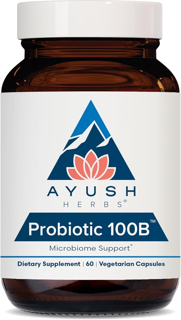 Ayush Herbs Probióticos 100B - Probióticos para mulleres, probióticos para homes, prebióticos e probióticos para a saúde dixestiva, alivio de gas, equilibrio de microbios Gut - 60 cápsulas vexetarianas (1 conta)