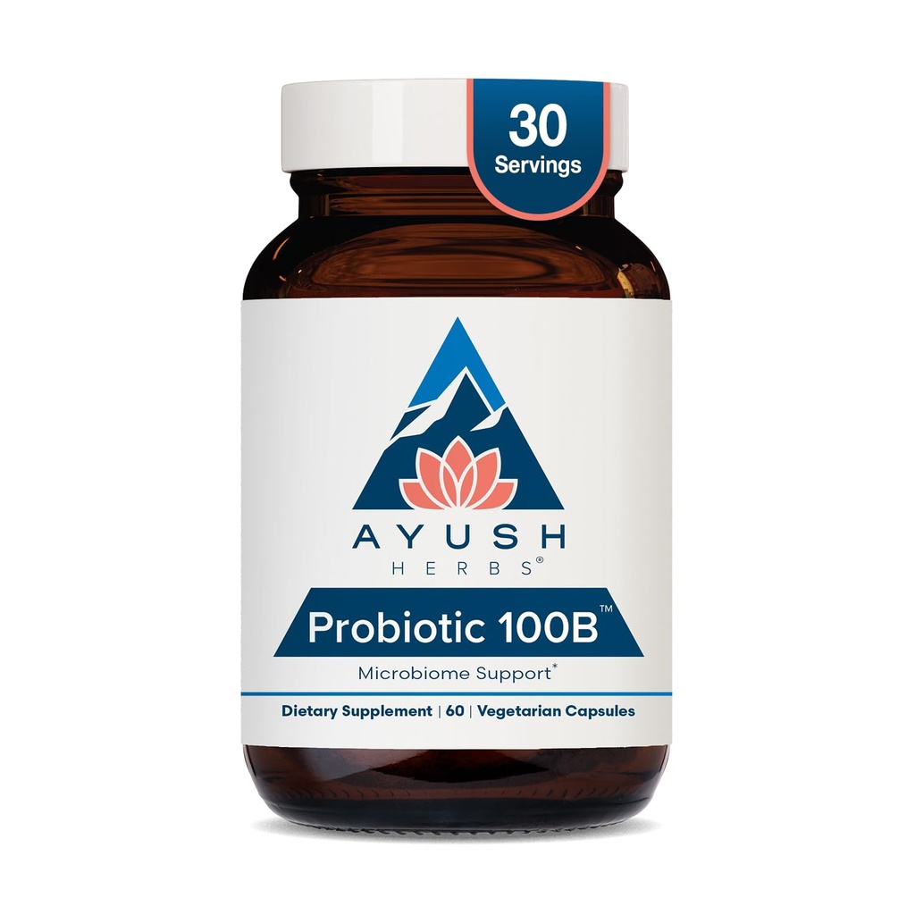 Ayush Herbs Probiotic 100B - Probiotics for Women, Probiotics for Men, Prebiotics and Probiotics for Digestive Health, Gas Relief, Gut Microbiome Balance - 60 Vegetarian Capsules