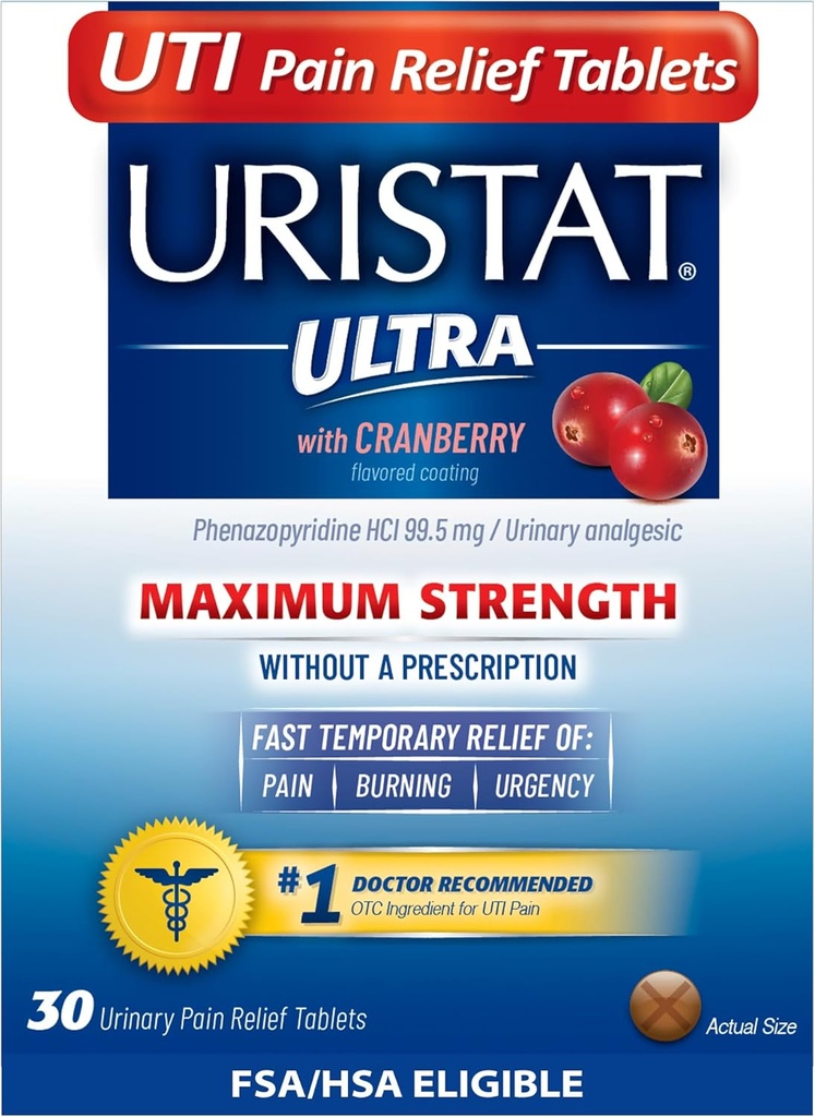 Uristat Ultra UTI Pain Relief Tablets, Fast Urinary Tract Infekzioa Urinary Pain, Burning, Urgency, Gehienezko Indarra, Cranberry Flavored Coating, 30 Tablet
