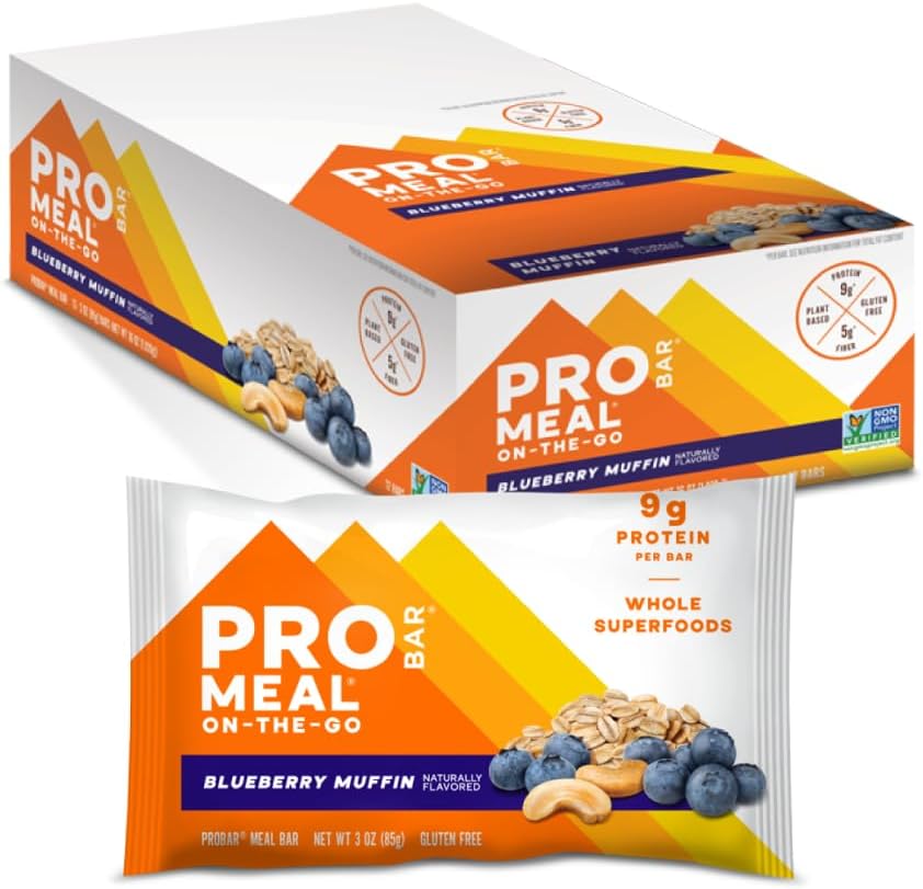 PROBAR - MEAL Bar, Blueberry Muffin, Non-GMO, Gluten-Free, Healthy, Plant-Based, Ingrediente alimentare, Energie Naturală (12 Conte)