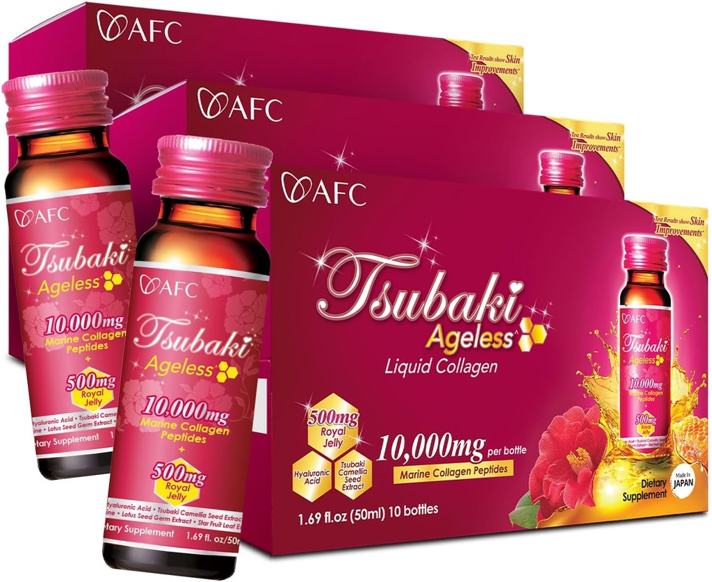 AFC Japan Tsubaki Alse Beauty Collagen Drinking from Japan 配以10,000mg 海洋Collagen Peptides + 500mg 皇家Jelly + Hyaluronic Acid + 维生素Bs & C 用于皮肤振兴 1.69fl.ozx10sx3