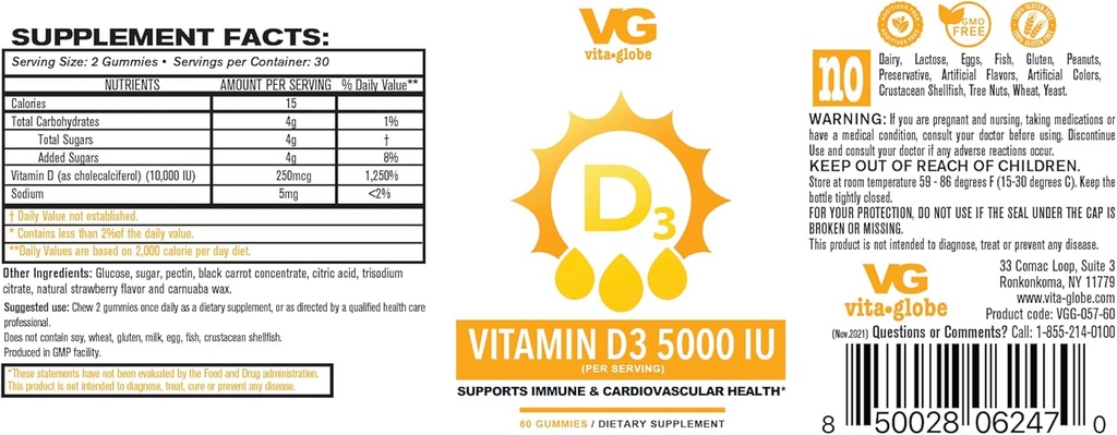 VITA GLOBE Vitamin D3 10,000 IU 250mcg with Zinc and Echinacea Gummy - Supports Healthy Immune System, powerful Bones, Teeth and Muscles, 120 count (Pack of 2)