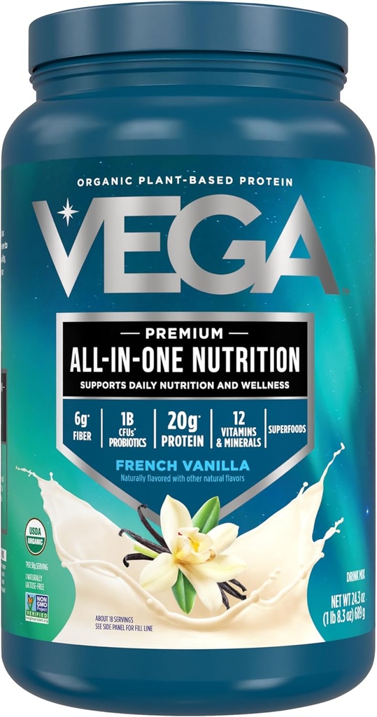 Vega Organic All-in-One Vegan Protein Powder, Vanilla Francese -Superfood Ingredienti, Vitamine per Supporto Immunità, Keto Friendly, Pea Protein per Donne & Uomini, 1.5 lbs (Pack of 1)