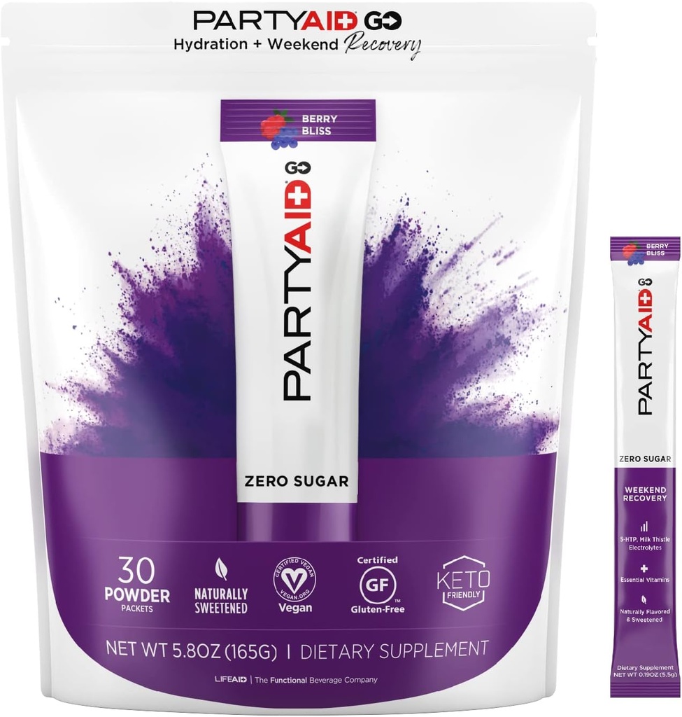 PARTYAID GO føles bra i kveld og i morgen, Null sukker, 5-HTP, B-kompleks, Melke Thistle, elektrolytter, ingen kunstige flavors eller søtningsstoffer, koffeinfri, 30 greve (Pack of 1)