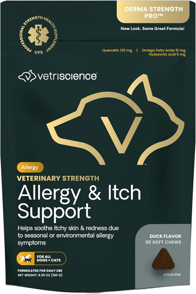 VtriScience Veterinary Strength Allergy Chews - Seasonal Allergy Support supplement for Pets - Pet Skin Sensitivity Support - Cats ' Dogs - Duck Flavor - 60 Chews