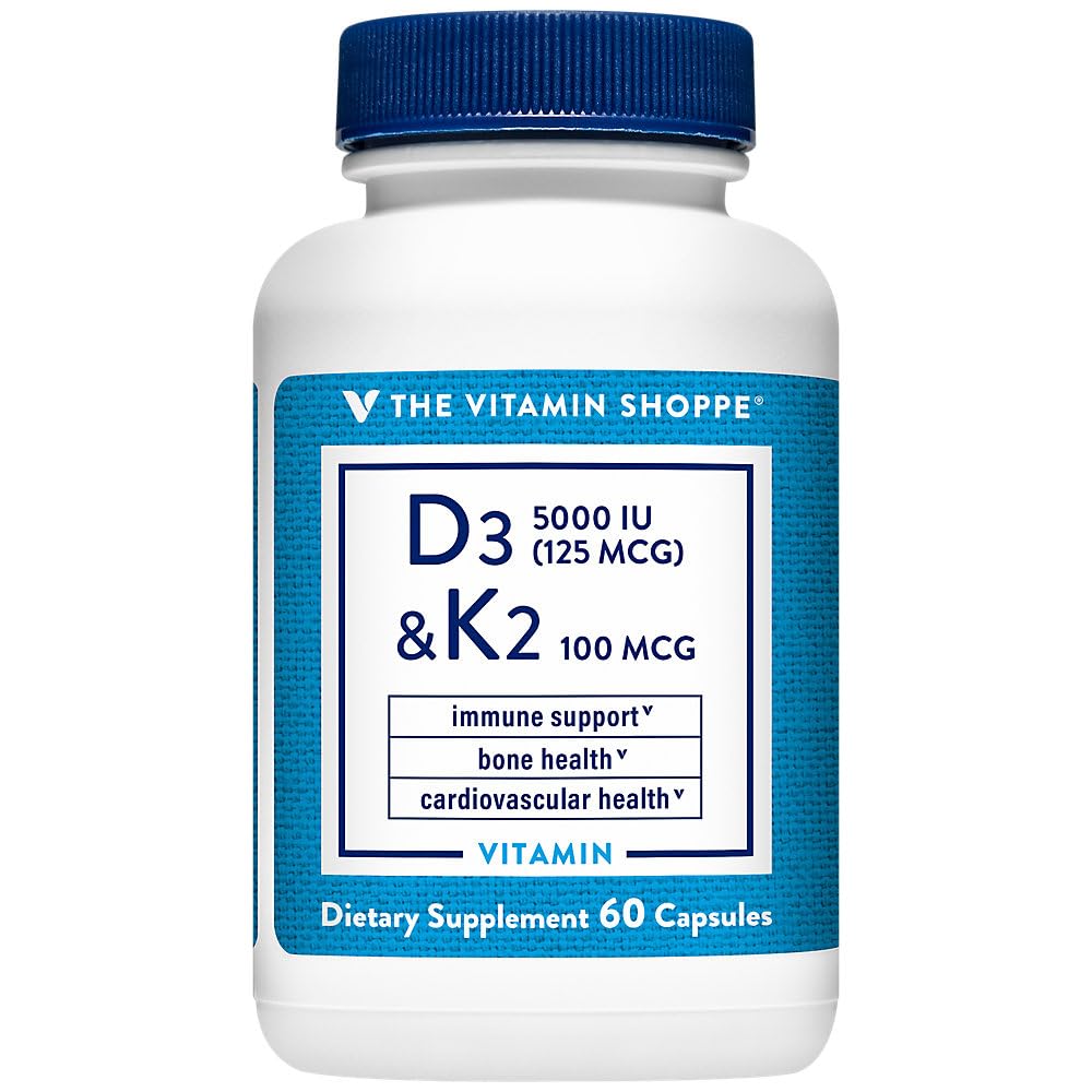 The Vitamin Shoppe Vitamin D3 & K2 MK7 Supplement, 5000 IU, 60 Capsules | Daily Vitamin to Support Bone Health, Calcium Utilization, and Immune Function
