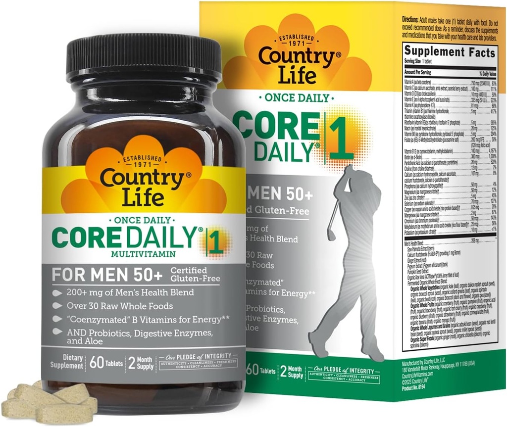 Country Life CORE Daily-1 Multivitamine pentru bărbați 50+ - fără gluten, suport energetic cu vitamine B coenzimat, probiotice, alimente întregi și enzime digestive, certificate Gluten gratuit, 60 comprimate